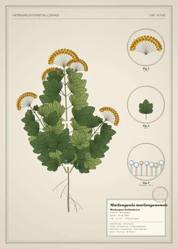 Botanische Tafel: Mutlangenia mutlangenensis, eine erfundene Pflanze aus Mutlangen, gezeichnet wie in einem alten Pflanzenatlas