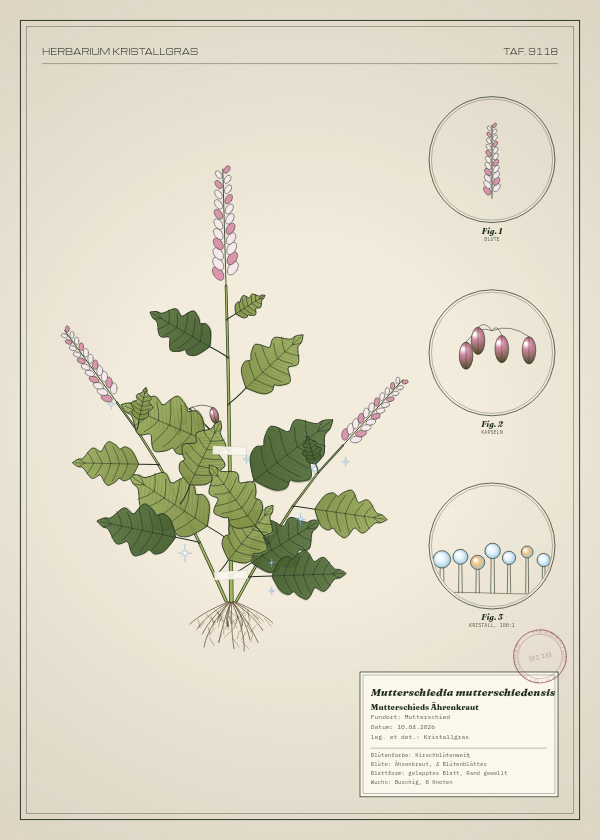 Botanische Tafel: Mutterschiedia mutterschiedensis, eine erfundene Pflanze aus Mutterschied, gezeichnet wie in einem alten Pflanzenatlas