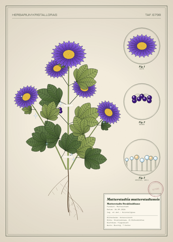 Botanische Tafel: Mutterstadtia mutterstadtensis, eine erfundene Pflanze aus Mutterstadt, gezeichnet wie in einem alten Pflanzenatlas