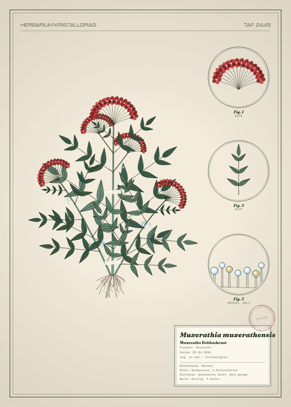 Botanische Tafel: Muxerathia muxerathensis, eine erfundene Pflanze aus Muxerath, gezeichnet wie in einem alten Pflanzenatlas