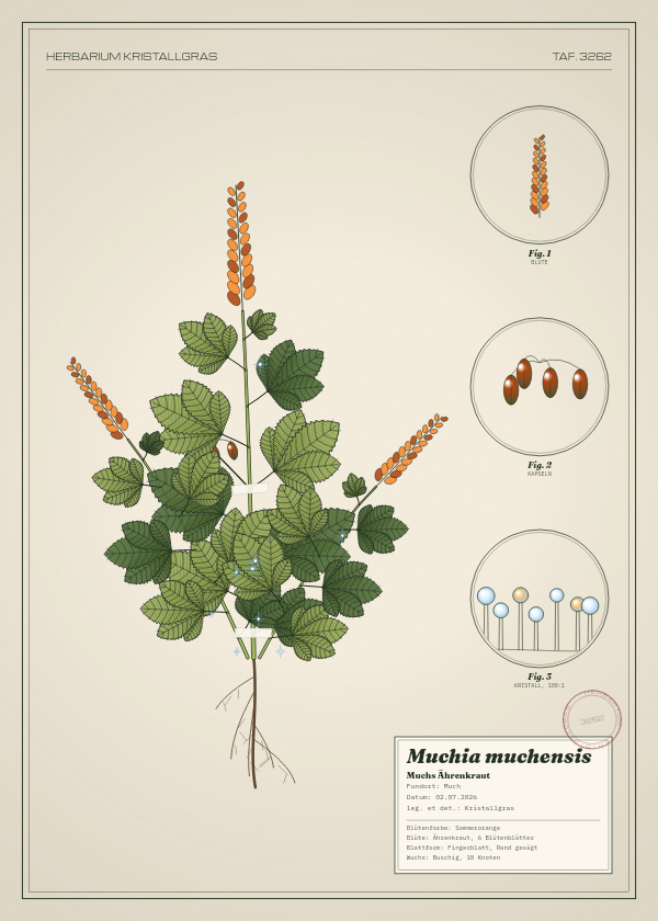 Botanische Tafel: Muchia muchensis, eine erfundene Pflanze aus Much, gezeichnet wie in einem alten Pflanzenatlas