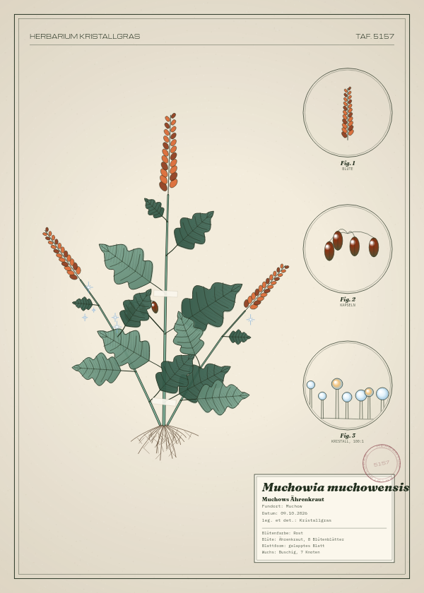 Botanische Tafel: Muchowia muchowensis, eine erfundene Pflanze aus Muchow, gezeichnet wie in einem alten Pflanzenatlas