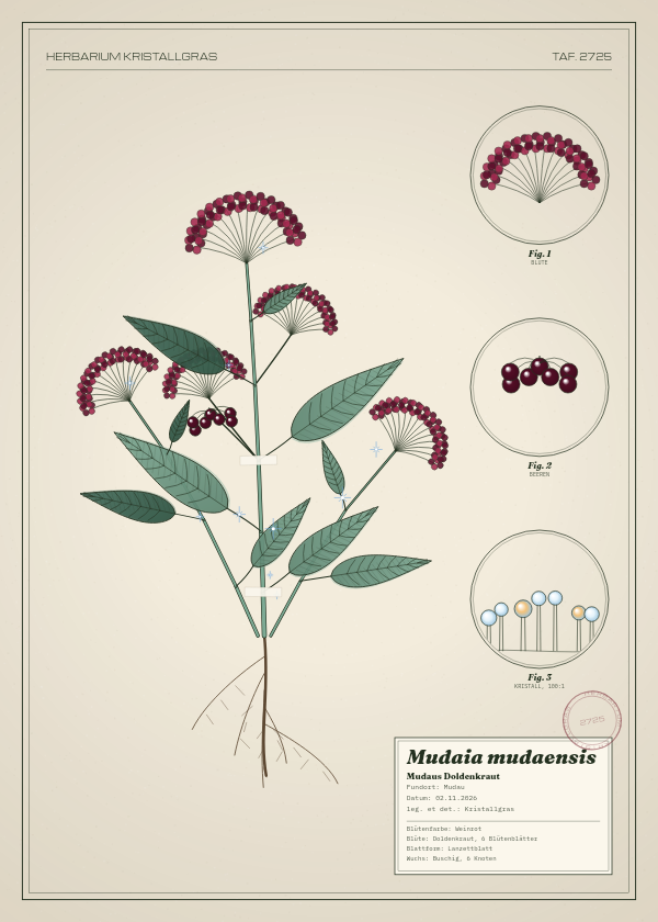 Botanische Tafel: Mudaia mudaensis, eine erfundene Pflanze aus Mudau, gezeichnet wie in einem alten Pflanzenatlas