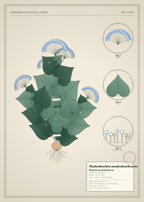 Botanische Tafel: Mudenbachia mudenbachensis, eine erfundene Pflanze aus Mudenbach, gezeichnet wie in einem alten Pflanzenatlas