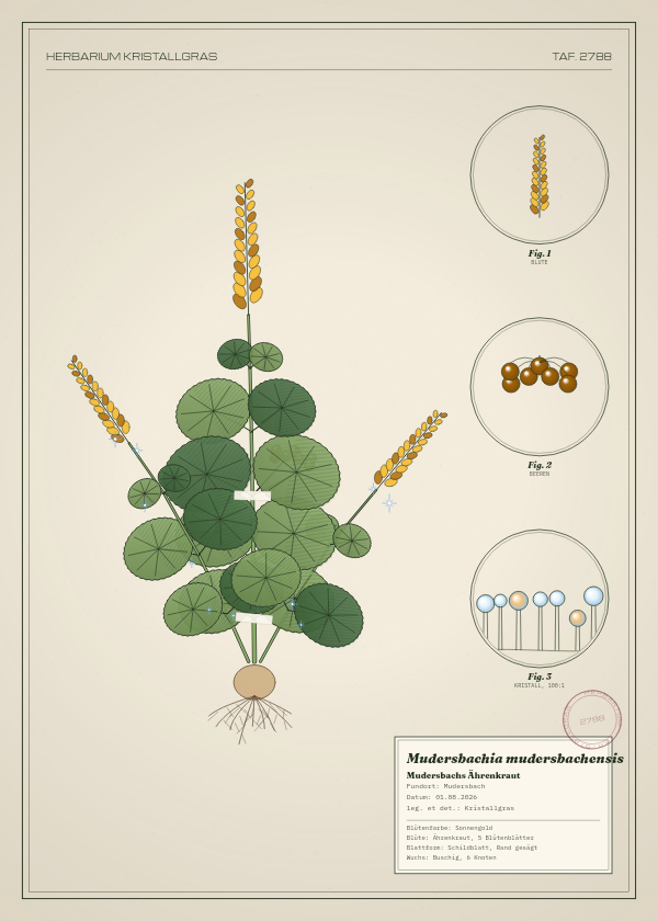 Botanische Tafel: Mudersbachia mudersbachensis, eine erfundene Pflanze aus Mudersbach, gezeichnet wie in einem alten Pflanzenatlas