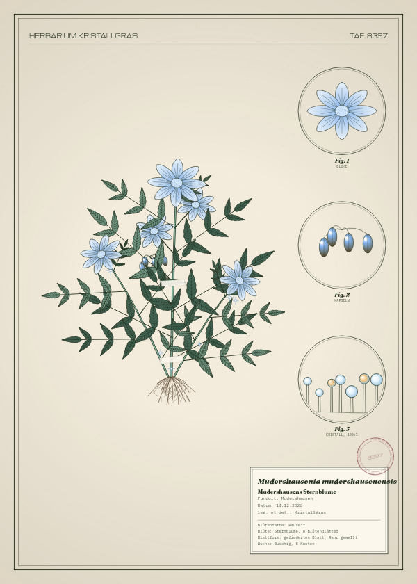 Botanische Tafel: Mudershausenia mudershausenensis, eine erfundene Pflanze aus Mudershausen, gezeichnet wie in einem alten Pflanzenatlas