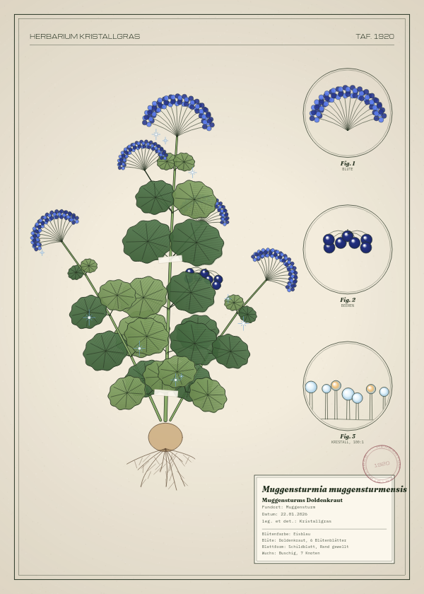 Botanische Tafel: Muggensturmia muggensturmensis, eine erfundene Pflanze aus Muggensturm, gezeichnet wie in einem alten Pflanzenatlas