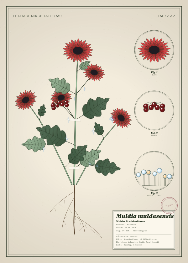 Botanische Tafel: Muldia muldasensis, eine erfundene Pflanze aus Mulda/Sa., gezeichnet wie in einem alten Pflanzenatlas