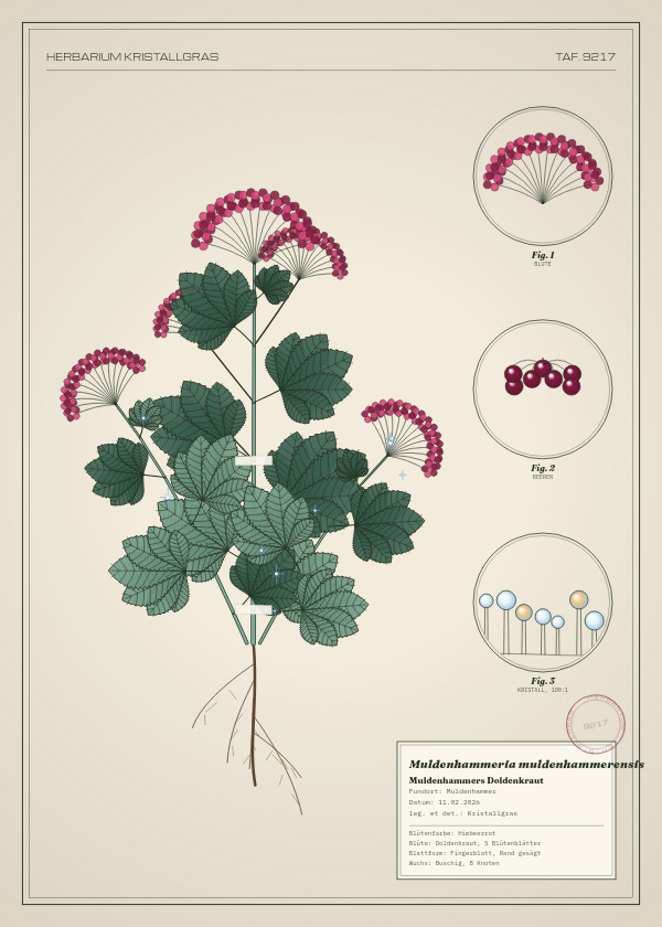 Botanische Tafel: Muldenhammeria muldenhammerensis, eine erfundene Pflanze aus Muldenhammer, gezeichnet wie in einem alten Pflanzenatlas