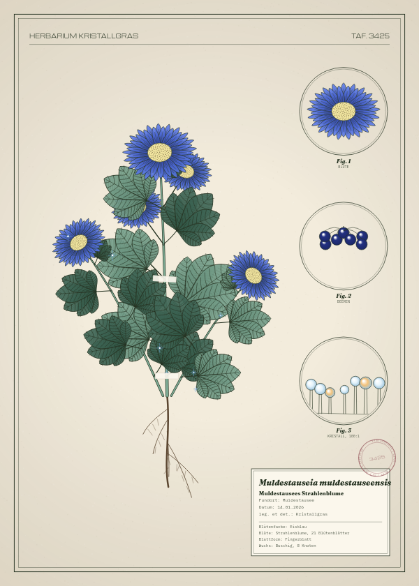 Botanische Tafel: Muldestauseia muldestauseensis, eine erfundene Pflanze aus Muldestausee, gezeichnet wie in einem alten Pflanzenatlas