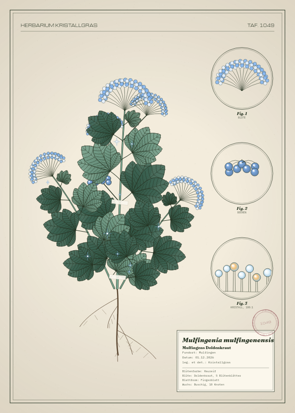 Botanische Tafel: Mulfingenia mulfingenensis, eine erfundene Pflanze aus Mulfingen, gezeichnet wie in einem alten Pflanzenatlas