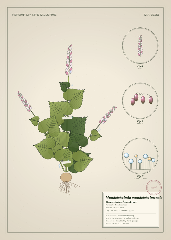 Botanische Tafel: Mundelsheimia mundelsheimensis, eine erfundene Pflanze aus Mundelsheim, gezeichnet wie in einem alten Pflanzenatlas