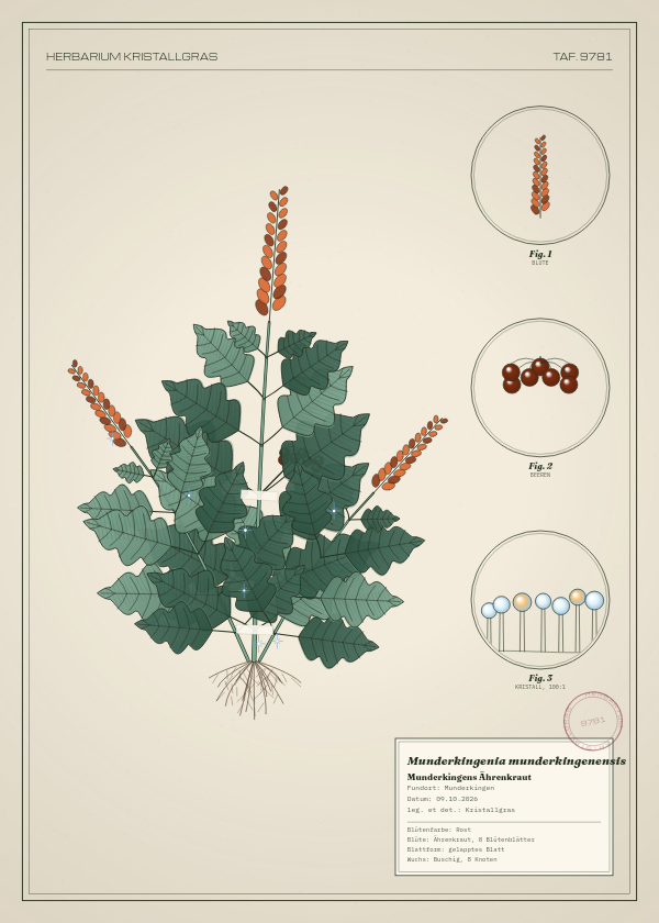 Botanische Tafel: Munderkingenia munderkingenensis, eine erfundene Pflanze aus Munderkingen, gezeichnet wie in einem alten Pflanzenatlas