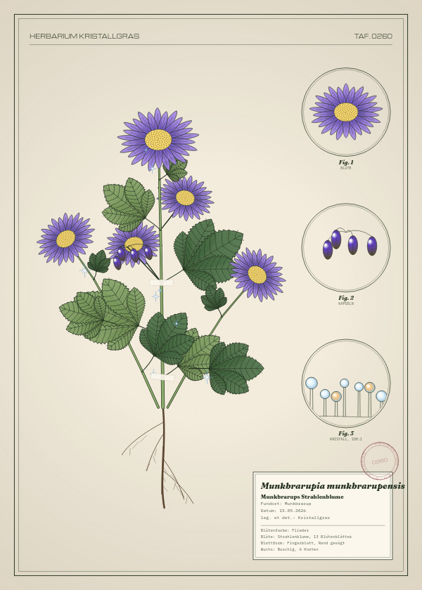 Botanische Tafel: Munkbrarupia munkbrarupensis, eine erfundene Pflanze aus Munkbrarup, gezeichnet wie in einem alten Pflanzenatlas