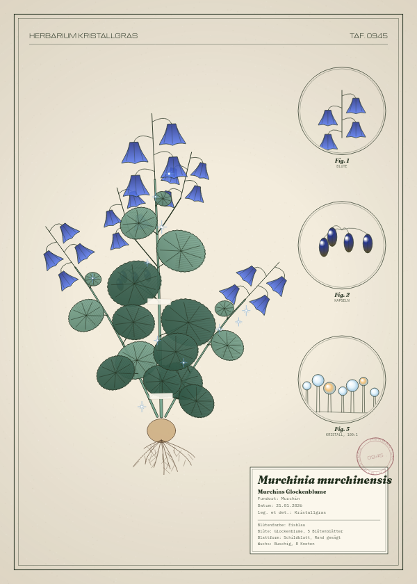Botanische Tafel: Murchinia murchinensis, eine erfundene Pflanze aus Murchin, gezeichnet wie in einem alten Pflanzenatlas