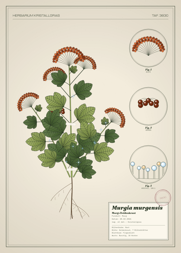 Botanische Tafel: Murgia murgensis, eine erfundene Pflanze aus Murg, gezeichnet wie in einem alten Pflanzenatlas