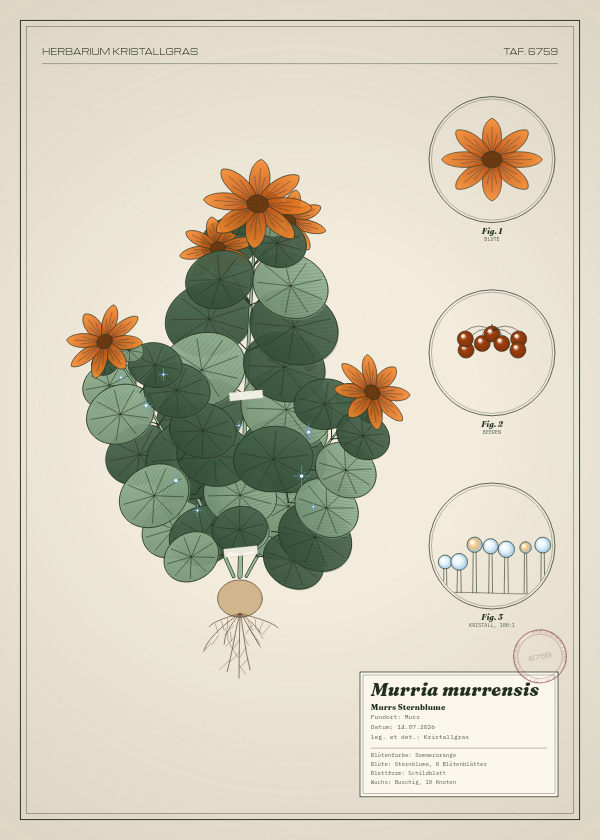 Botanische Tafel: Murria murrensis, eine erfundene Pflanze aus Murr, gezeichnet wie in einem alten Pflanzenatlas