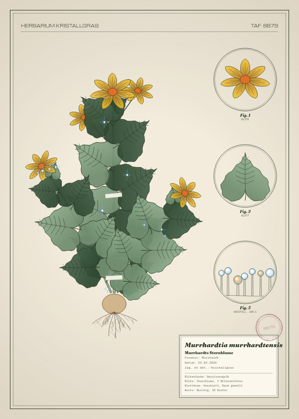Botanische Tafel: Murrhardtia murrhardtensis, eine erfundene Pflanze aus Murrhardt, gezeichnet wie in einem alten Pflanzenatlas