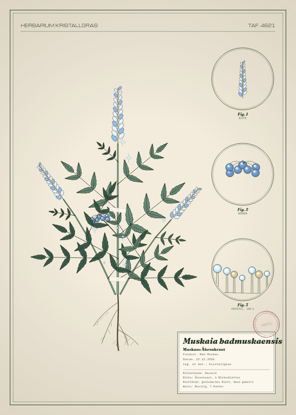 Botanische Tafel: Muskaia badmuskaensis, eine erfundene Pflanze aus Bad Muskau, gezeichnet wie in einem alten Pflanzenatlas