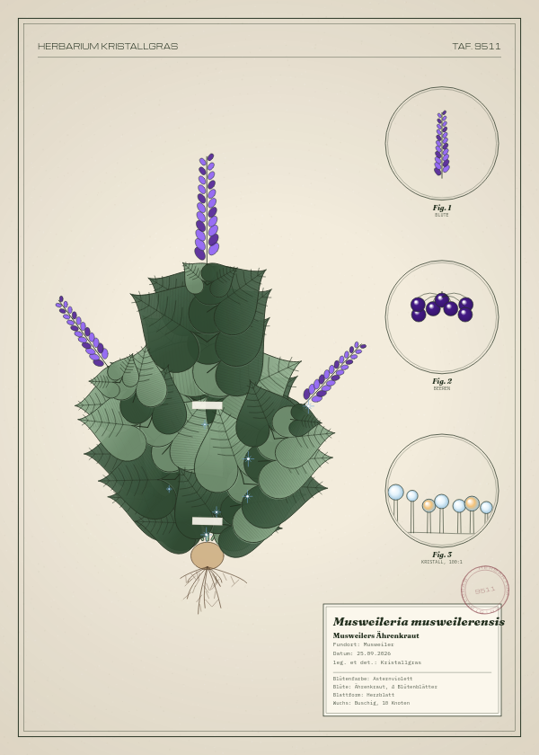 Botanische Tafel: Musweileria musweilerensis, eine erfundene Pflanze aus Musweiler, gezeichnet wie in einem alten Pflanzenatlas