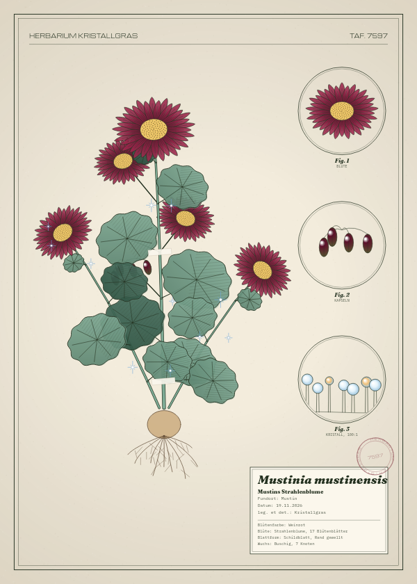 Botanische Tafel: Mustinia mustinensis, eine erfundene Pflanze aus Mustin, gezeichnet wie in einem alten Pflanzenatlas