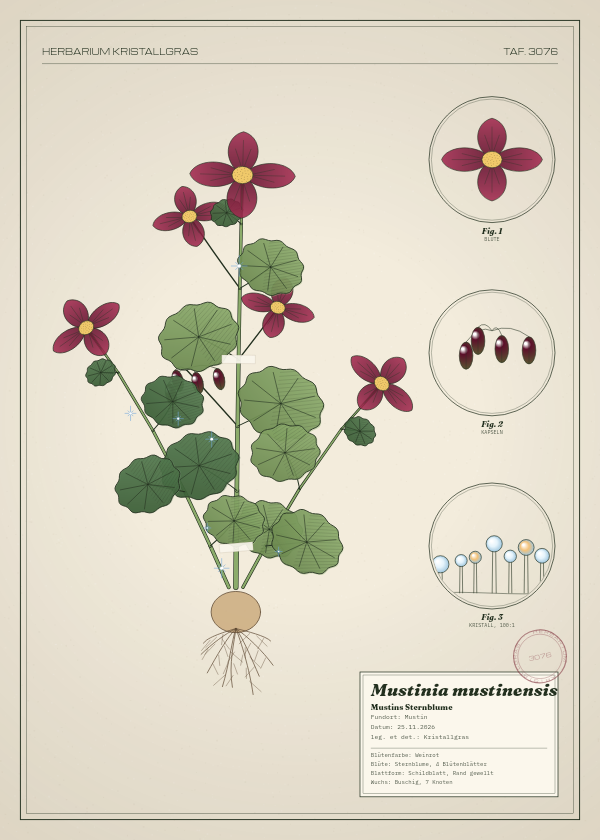 Botanische Tafel: Mustinia mustinensis, eine erfundene Pflanze aus Mustin, gezeichnet wie in einem alten Pflanzenatlas