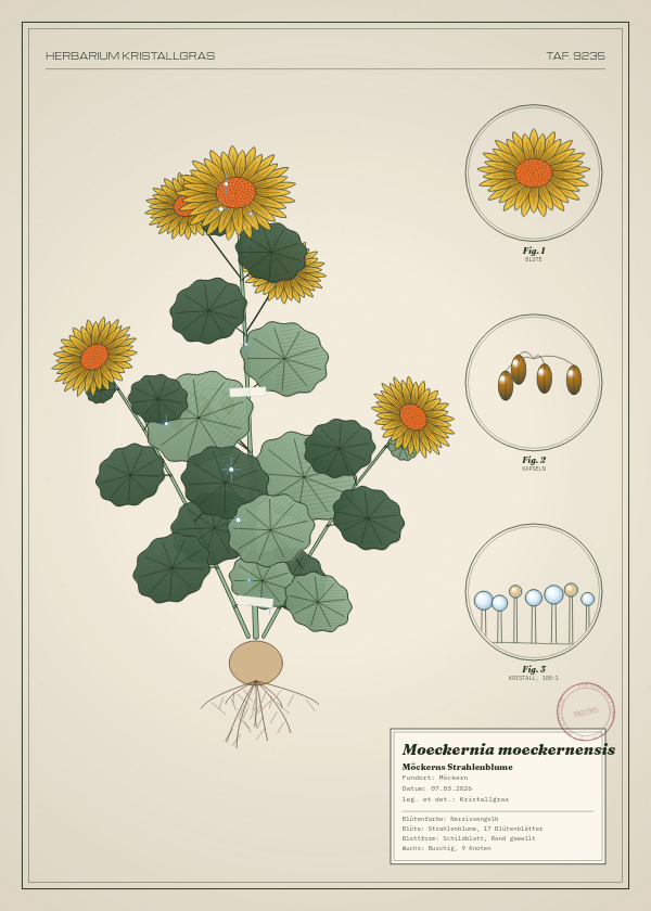 Botanische Tafel: Moeckernia moeckernensis, eine erfundene Pflanze aus Möckern, gezeichnet wie in einem alten Pflanzenatlas