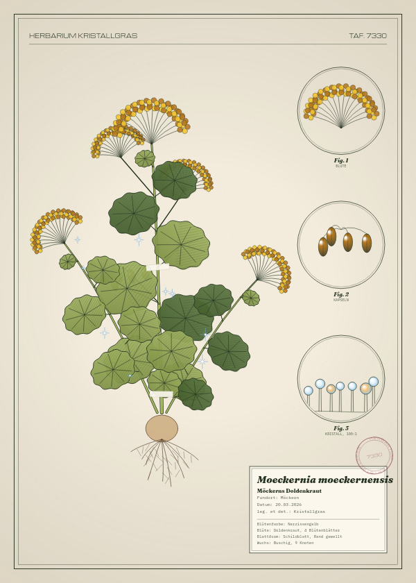 Botanische Tafel: Moeckernia moeckernensis, eine erfundene Pflanze aus Möckern, gezeichnet wie in einem alten Pflanzenatlas