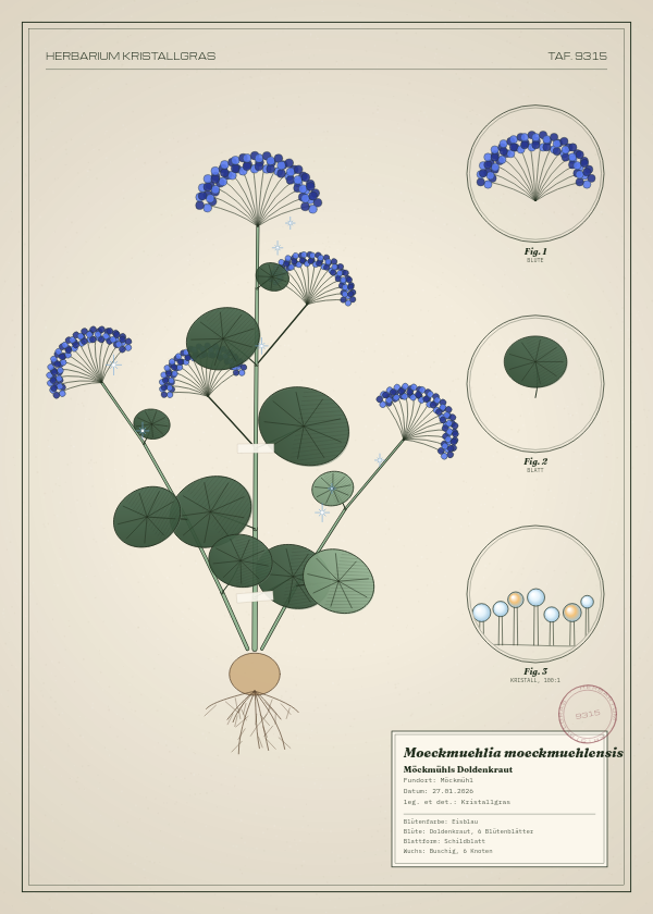 Botanische Tafel: Moeckmuehlia moeckmuehlensis, eine erfundene Pflanze aus Möckmühl, gezeichnet wie in einem alten Pflanzenatlas