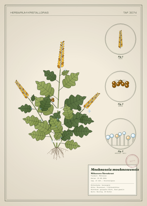 Botanische Tafel: Moehneseia moehneseensis, eine erfundene Pflanze aus Möhnesee, gezeichnet wie in einem alten Pflanzenatlas