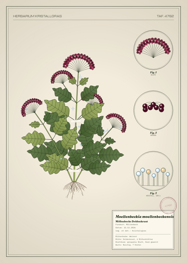 Botanische Tafel: Moellenbeckia moellenbeckensis, eine erfundene Pflanze aus Möllenbeck, gezeichnet wie in einem alten Pflanzenatlas