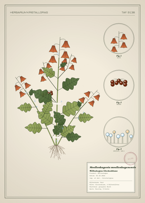 Botanische Tafel: Moellenhagenia moellenhagenensis, eine erfundene Pflanze aus Möllenhagen, gezeichnet wie in einem alten Pflanzenatlas