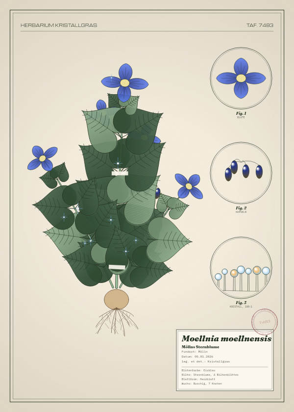 Botanische Tafel: Moellnia moellnensis, eine erfundene Pflanze aus Mölln, gezeichnet wie in einem alten Pflanzenatlas