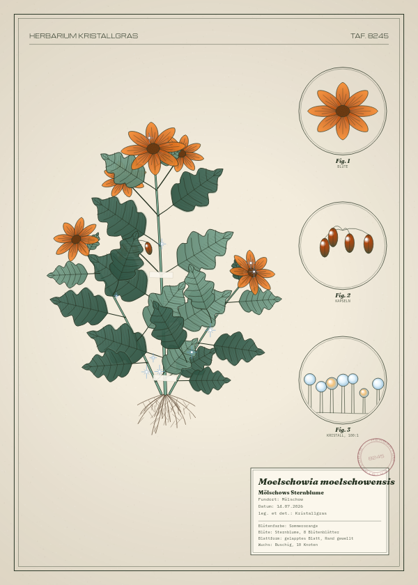 Botanische Tafel: Moelschowia moelschowensis, eine erfundene Pflanze aus Mölschow, gezeichnet wie in einem alten Pflanzenatlas