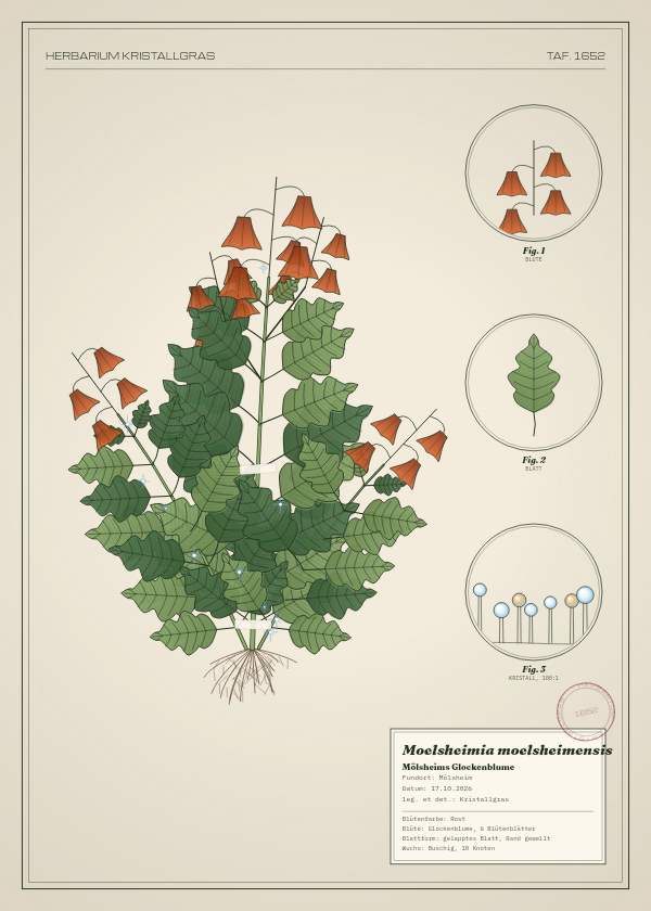 Botanische Tafel: Moelsheimia moelsheimensis, eine erfundene Pflanze aus Mölsheim, gezeichnet wie in einem alten Pflanzenatlas