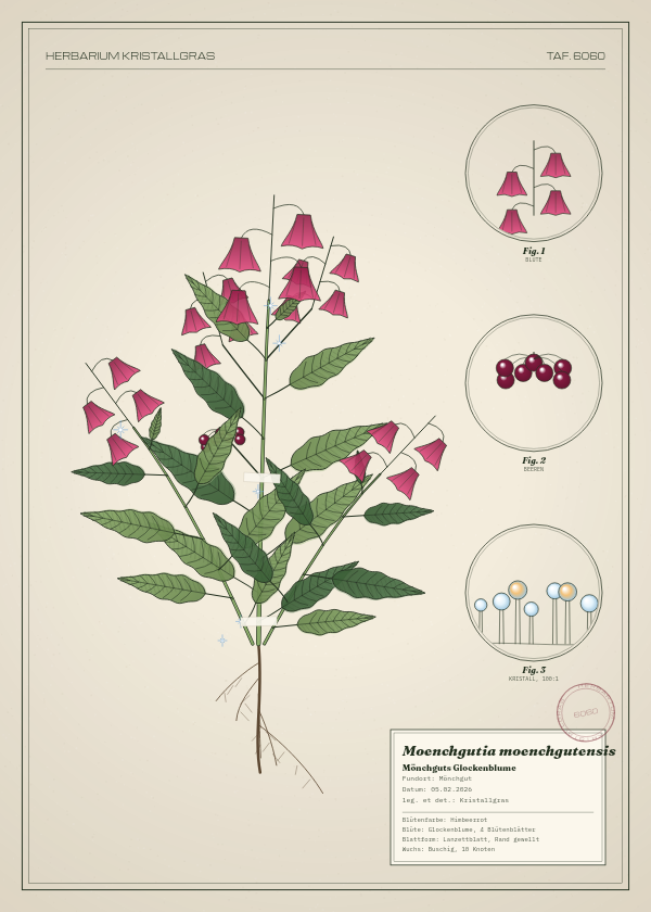 Botanische Tafel: Moenchgutia moenchgutensis, eine erfundene Pflanze aus Mönchgut, gezeichnet wie in einem alten Pflanzenatlas