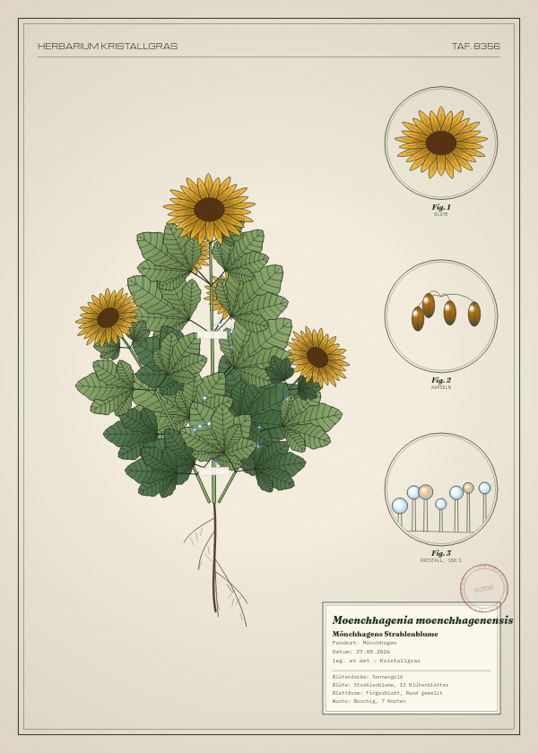 Botanische Tafel: Moenchhagenia moenchhagenensis, eine erfundene Pflanze aus Mönchhagen, gezeichnet wie in einem alten Pflanzenatlas