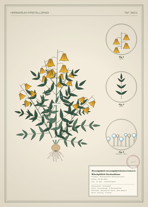 Botanische Tafel: Moenchpfiffelia moenchpfiffelnikolausriethensis, eine erfundene Pflanze aus Mönchpfiffel-Nikolausrieth, gezeichnet wie in einem alten Pflanzenatlas