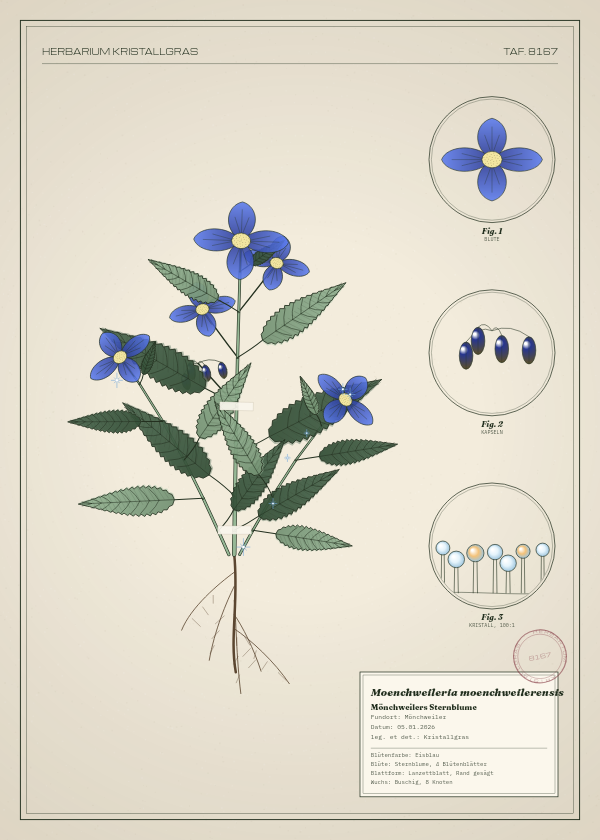 Botanische Tafel: Moenchweileria moenchweilerensis, eine erfundene Pflanze aus Mönchweiler, gezeichnet wie in einem alten Pflanzenatlas