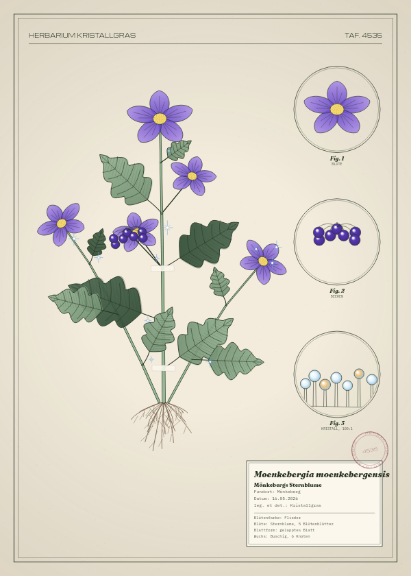Botanische Tafel: Moenkebergia moenkebergensis, eine erfundene Pflanze aus Mönkeberg, gezeichnet wie in einem alten Pflanzenatlas