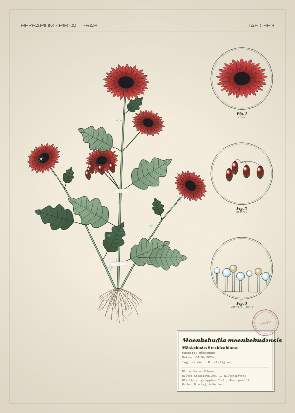 Botanische Tafel: Moenkebudia moenkebudensis, eine erfundene Pflanze aus Mönkebude, gezeichnet wie in einem alten Pflanzenatlas