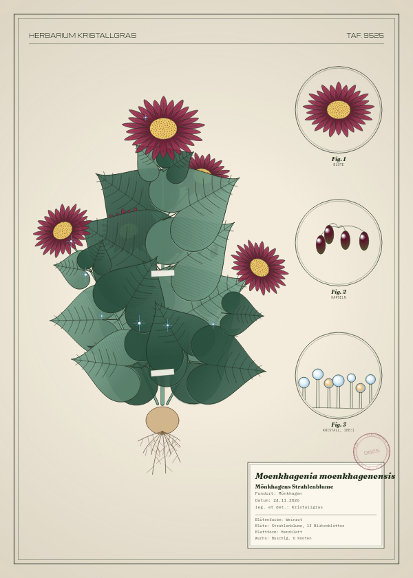 Botanische Tafel: Moenkhagenia moenkhagenensis, eine erfundene Pflanze aus Mönkhagen, gezeichnet wie in einem alten Pflanzenatlas