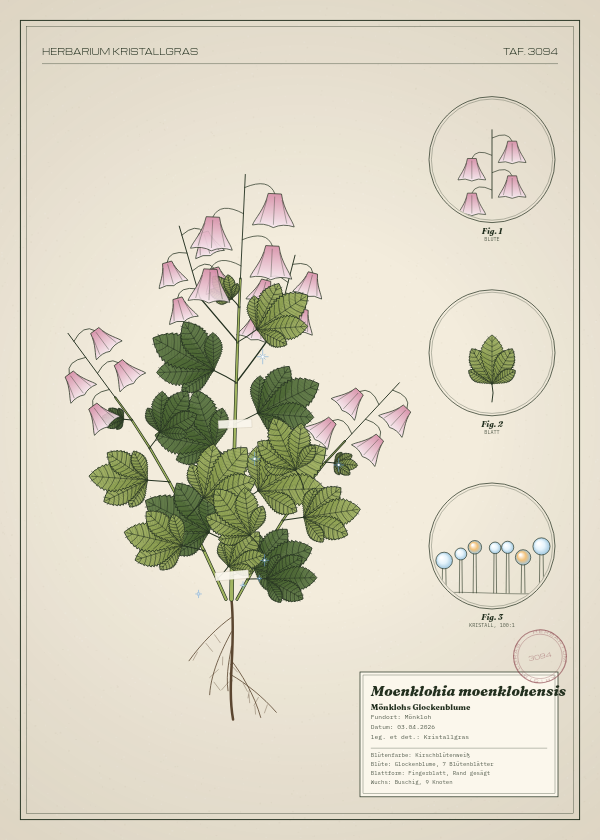 Botanische Tafel: Moenklohia moenklohensis, eine erfundene Pflanze aus Mönkloh, gezeichnet wie in einem alten Pflanzenatlas