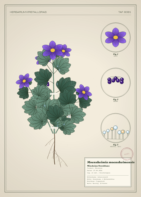 Botanische Tafel: Moensheimia moensheimensis, eine erfundene Pflanze aus Mönsheim, gezeichnet wie in einem alten Pflanzenatlas
