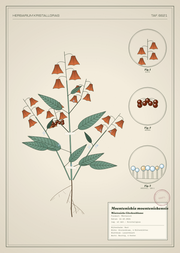 Botanische Tafel: Moentenichia moentenichensis, eine erfundene Pflanze aus Möntenich, gezeichnet wie in einem alten Pflanzenatlas