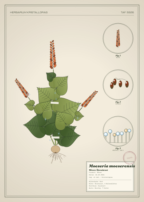 Botanische Tafel: Moeseria moeserensis, eine erfundene Pflanze aus Möser, gezeichnet wie in einem alten Pflanzenatlas
