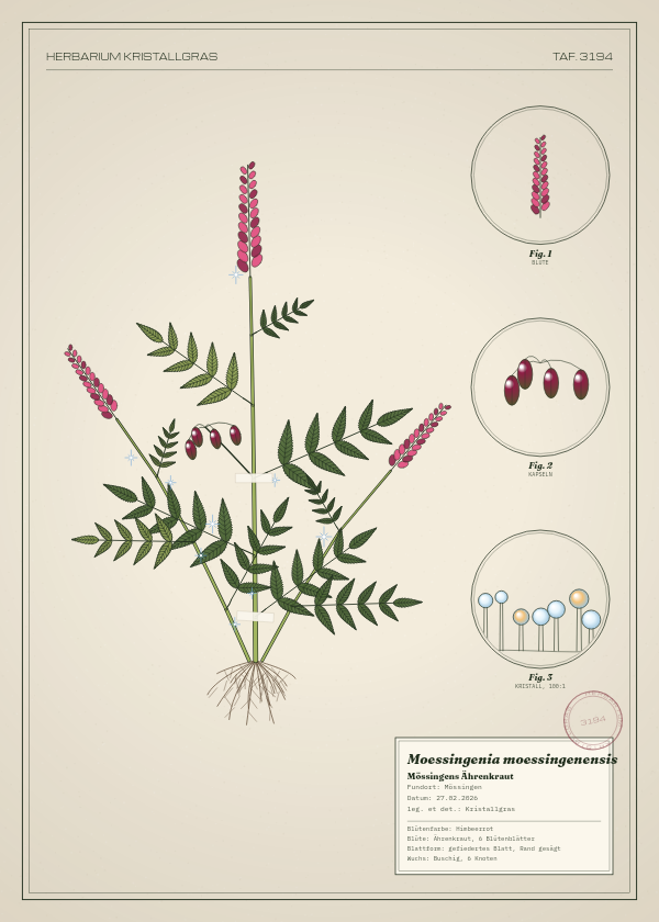 Botanische Tafel: Moessingenia moessingenensis, eine erfundene Pflanze aus Mössingen, gezeichnet wie in einem alten Pflanzenatlas