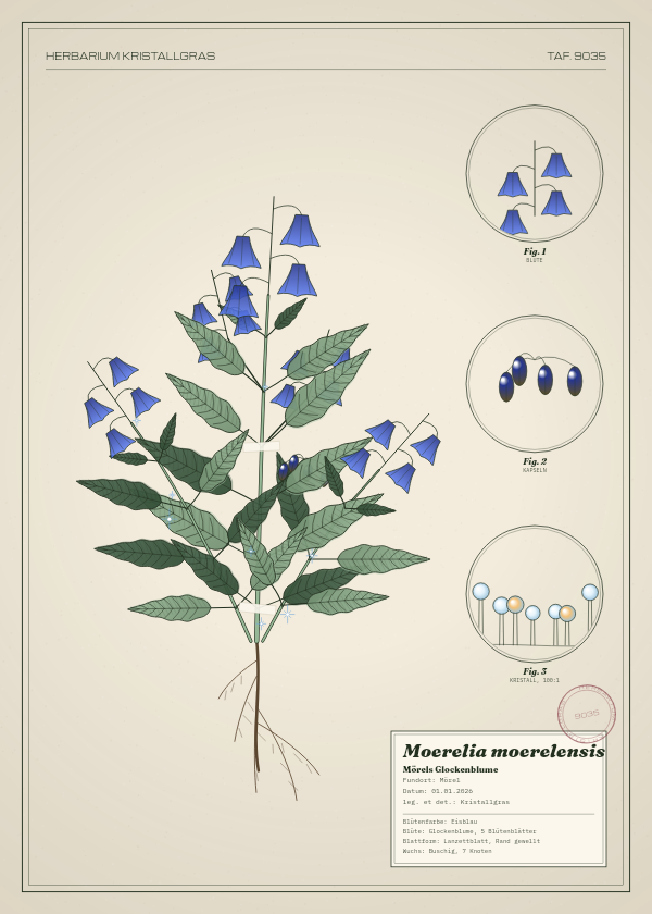Botanische Tafel: Moerelia moerelensis, eine erfundene Pflanze aus Mörel, gezeichnet wie in einem alten Pflanzenatlas