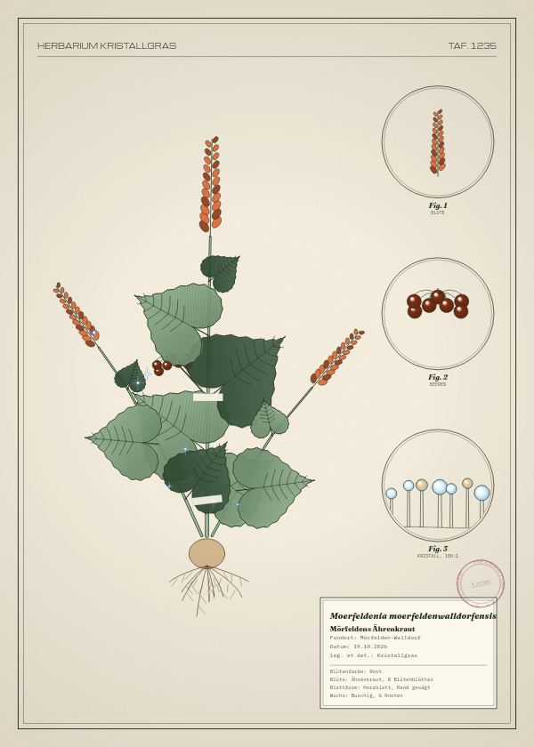 Botanische Tafel: Moerfeldenia moerfeldenwalldorfensis, eine erfundene Pflanze aus Mörfelden-Walldorf, gezeichnet wie in einem alten Pflanzenatlas