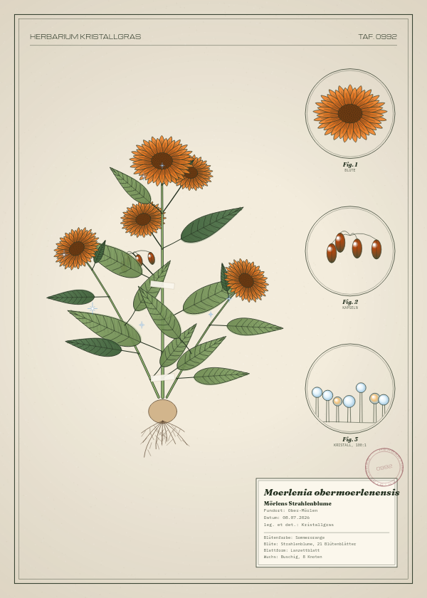 Botanische Tafel: Moerlenia obermoerlenensis, eine erfundene Pflanze aus Ober-Mörlen, gezeichnet wie in einem alten Pflanzenatlas